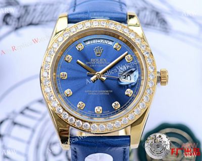 Rolex Day Date Replica Diamond Watches  40mm Blue Dial Blue Leather Band